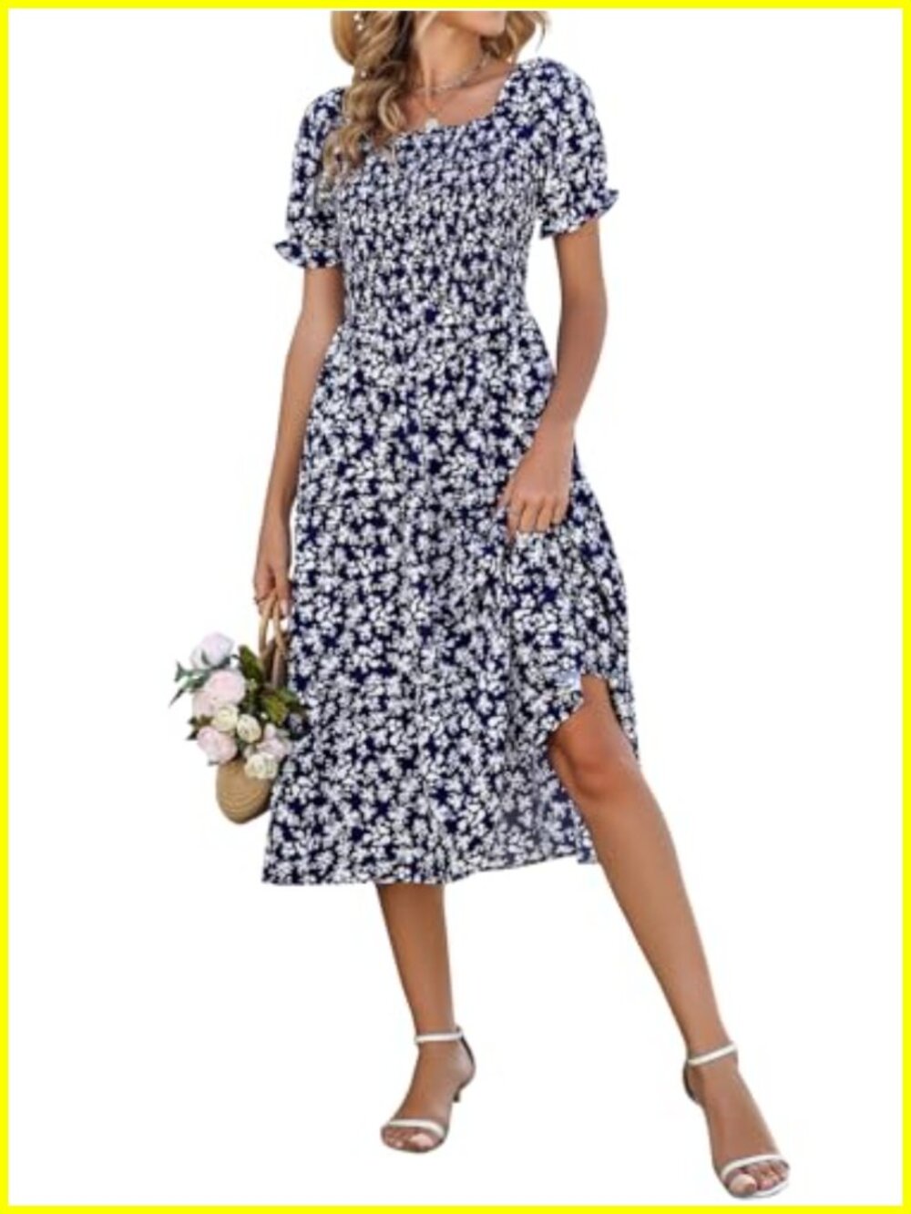Smocked Square Neck Midi Dress with Pockets Floral Sundress